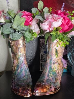 2 HANDCRAFTED Upcycled Cowgirl Boot Vases HANDPAINTED Country Tabletop Art Decor